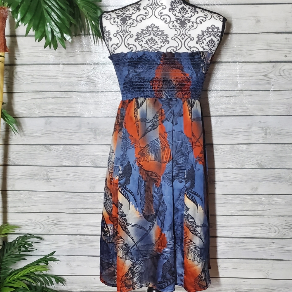 Multi-Colored Leaf Print Strapless Sun Dress